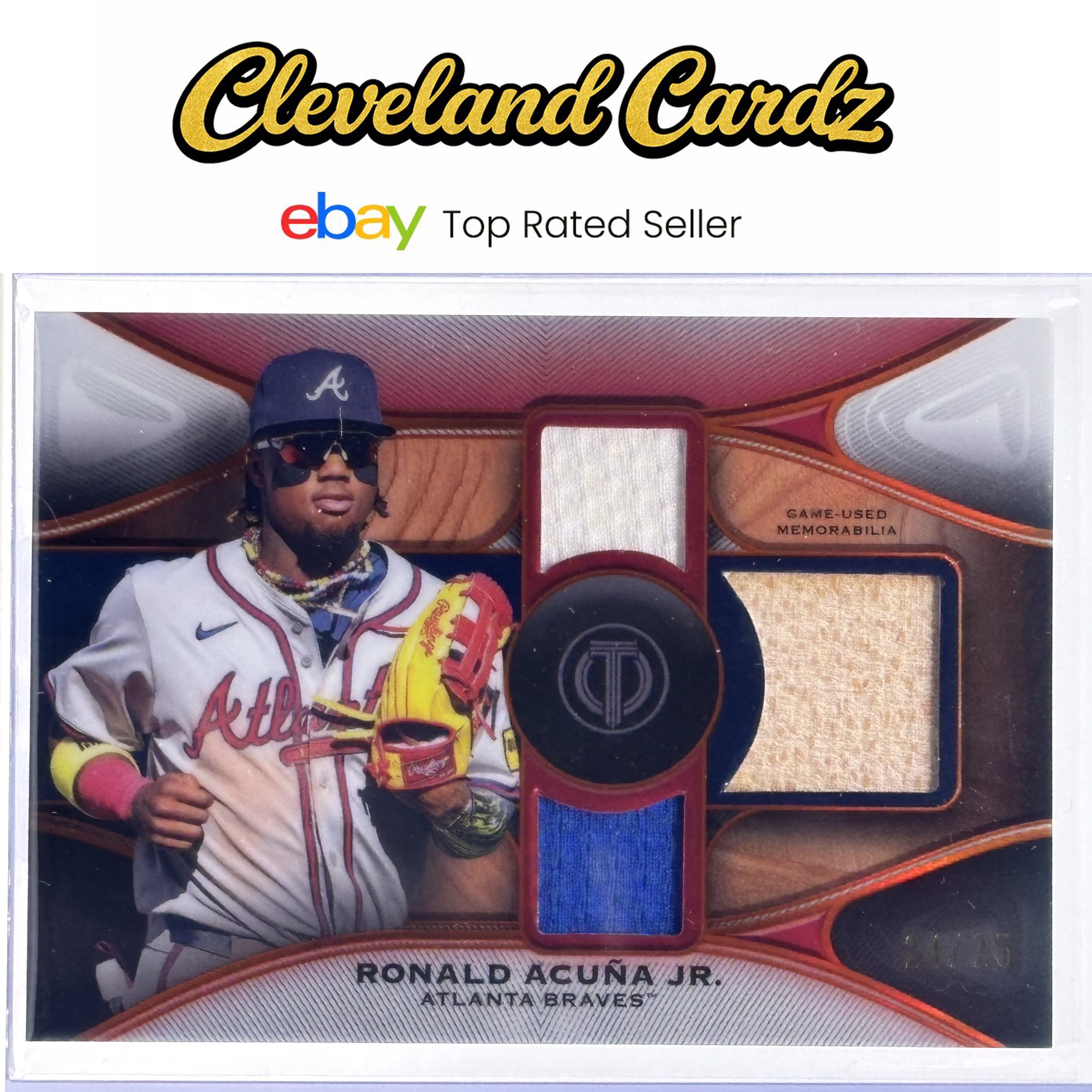2025 Topps Tribute #TTR-RA Ronald Acuña Jr. Tribute Triple Relics Orange #/25