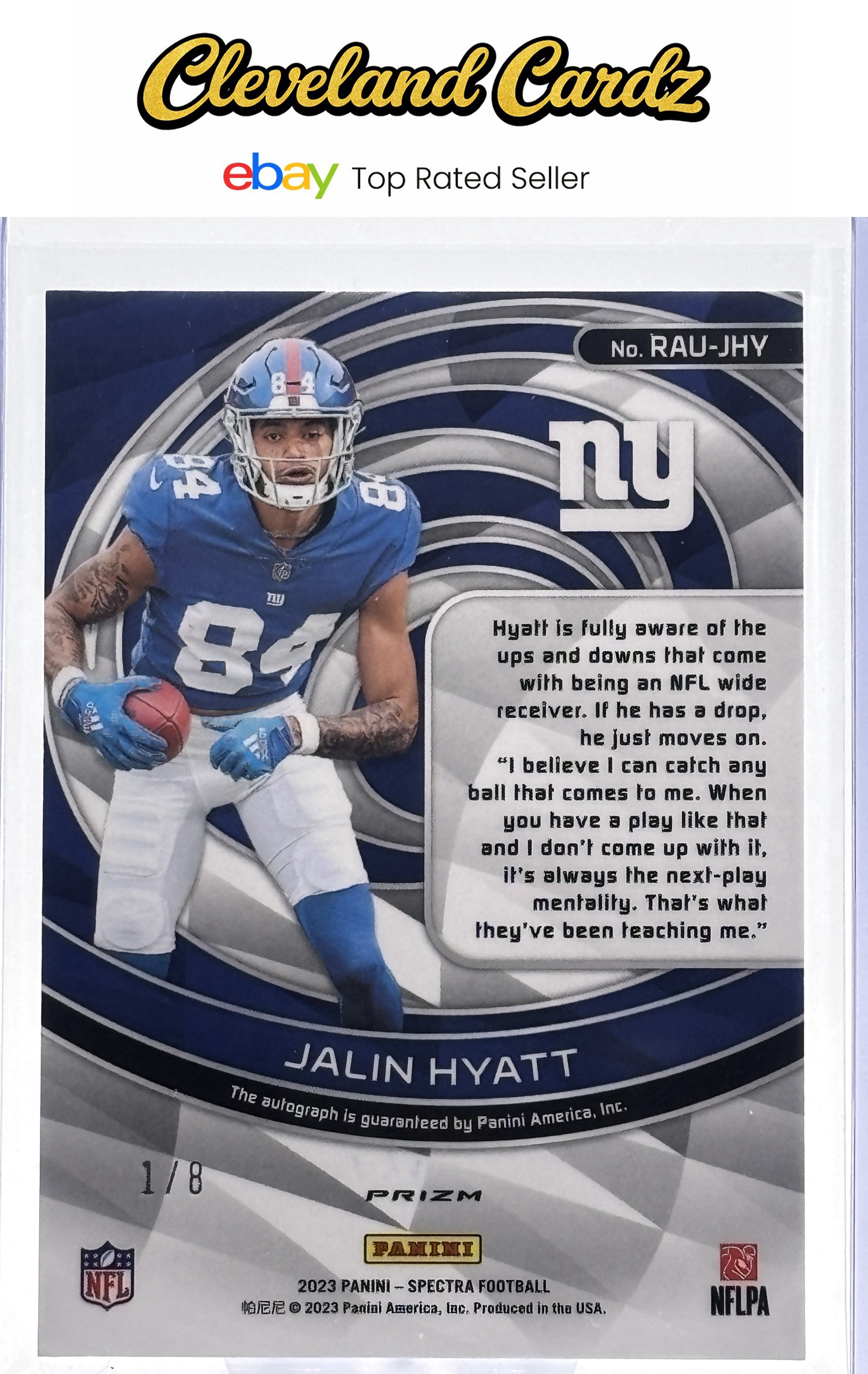 2023 Panini Spectra #RAU-JHY Jalin Hyatt Rookie Auto Neon Splatter #1/8 Book End