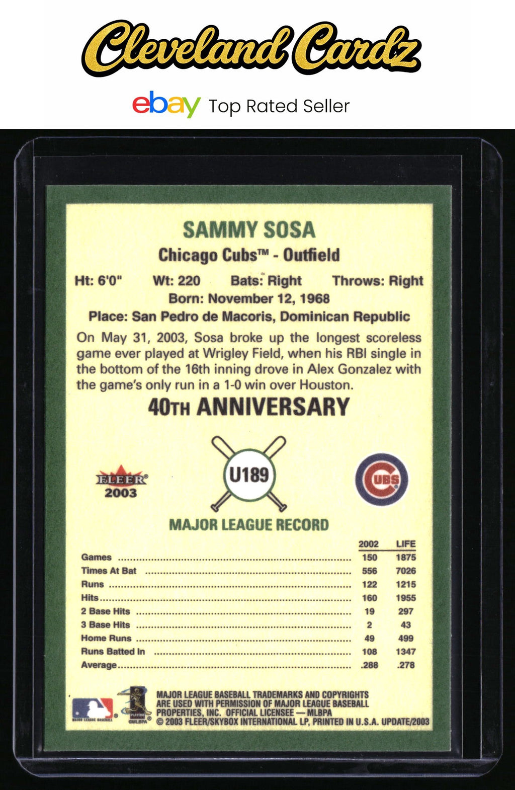 2003 Fleer Tradition Update #U189 Sammy Sosa
