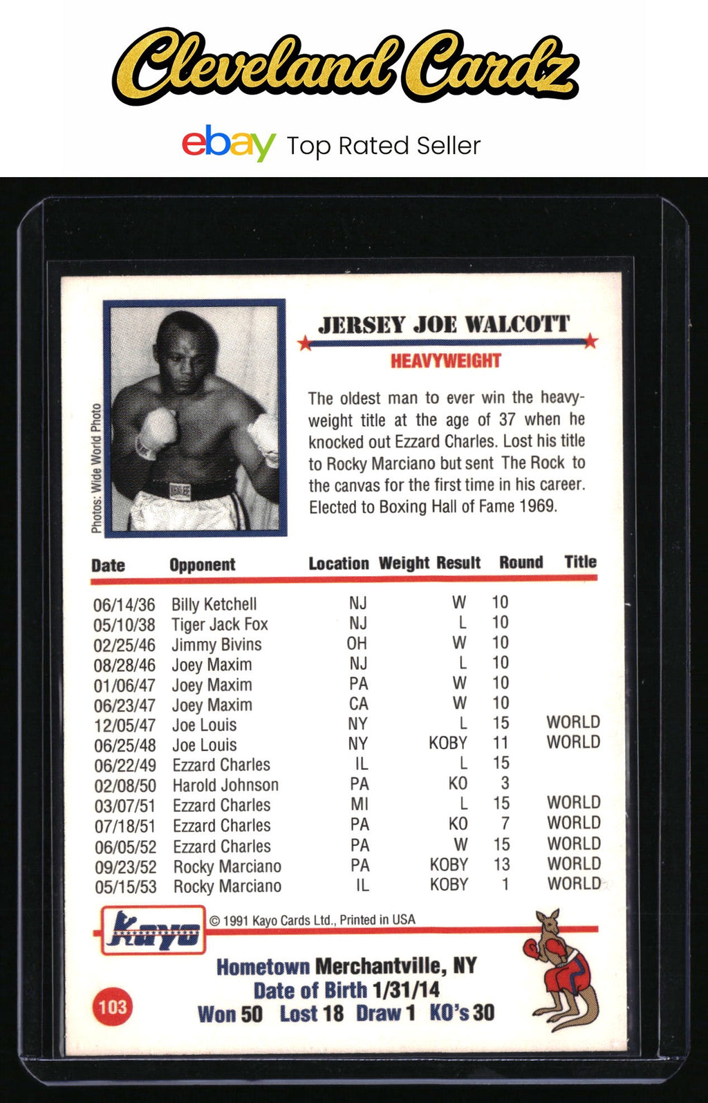 1991 Kayo #103 Jersey Joe Walcott