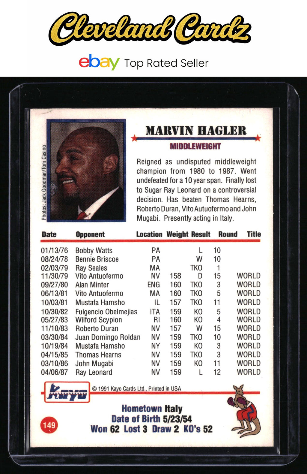 1991 Kayo #149 Marvin Hagler