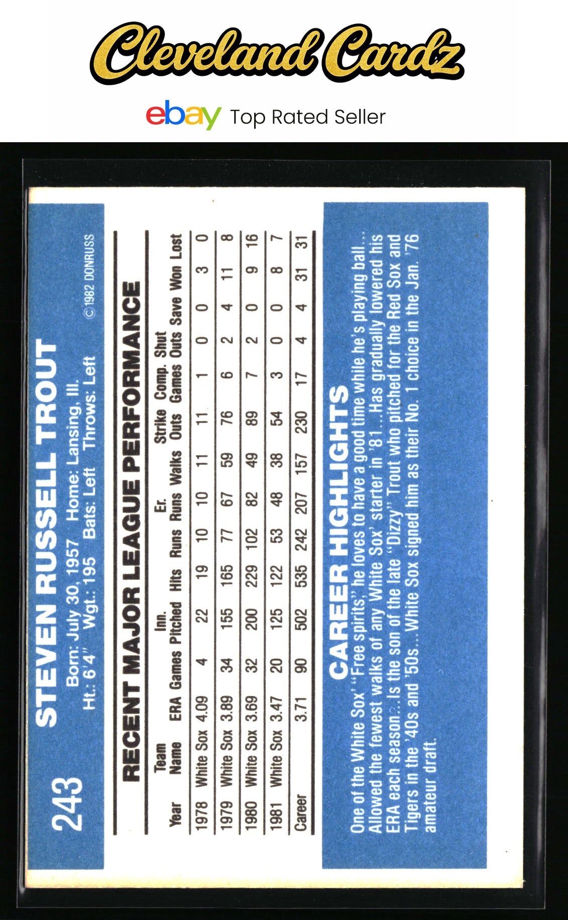 1982 Donruss #243 Steve Trout
