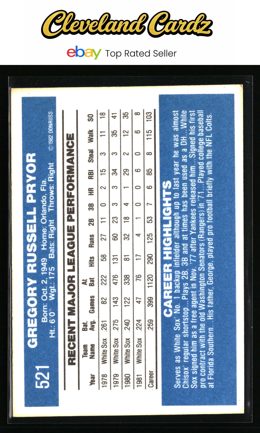 1982 Donruss #521 Greg Pryor