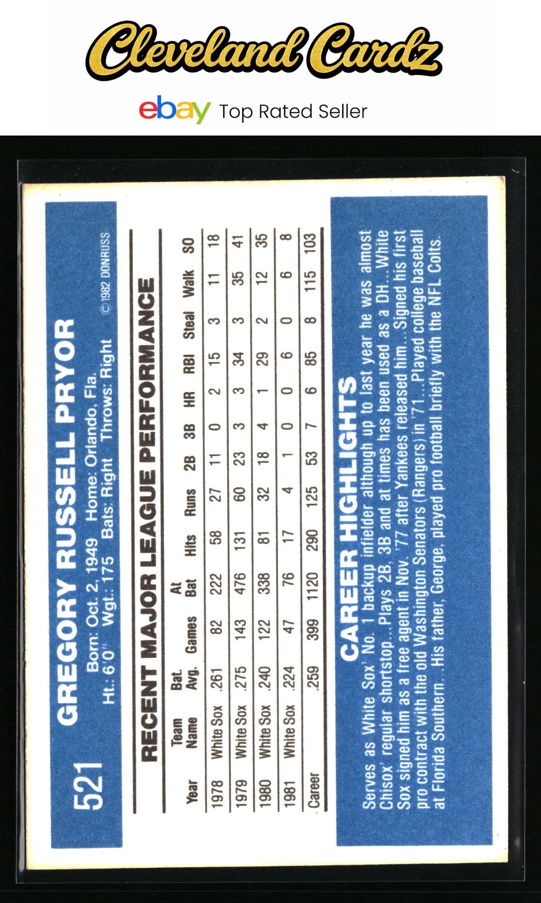 1982 Donruss #521 Greg Pryor