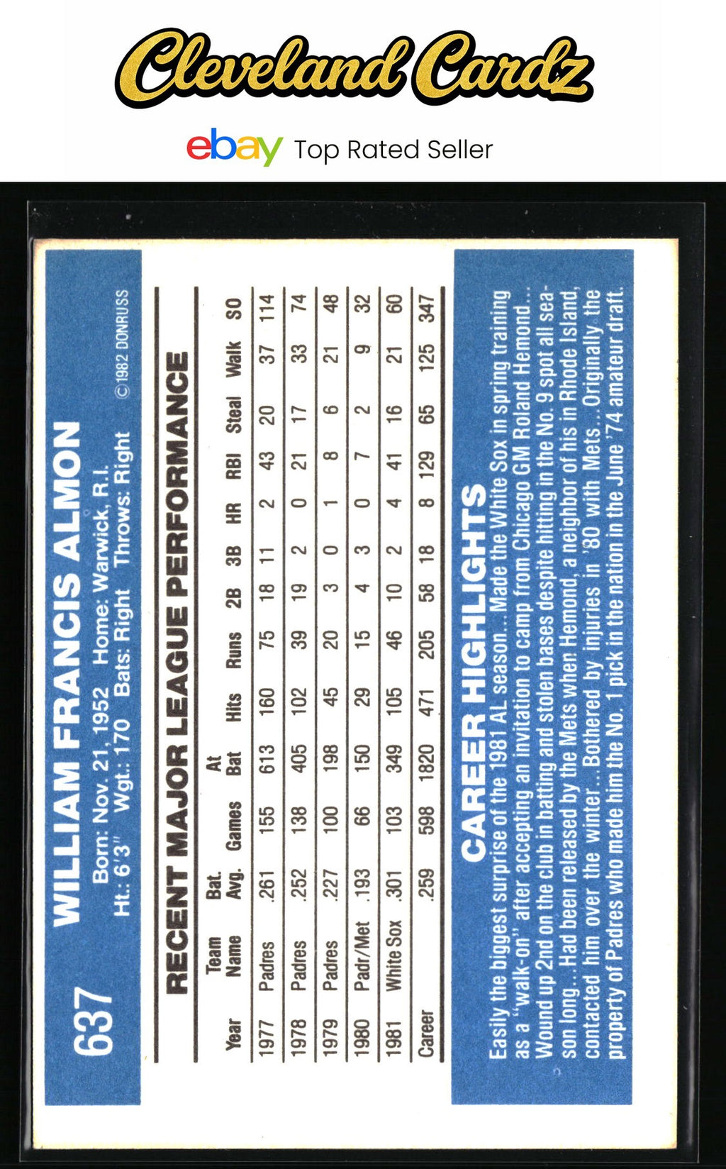 1982 Donruss #637 Bill Almon