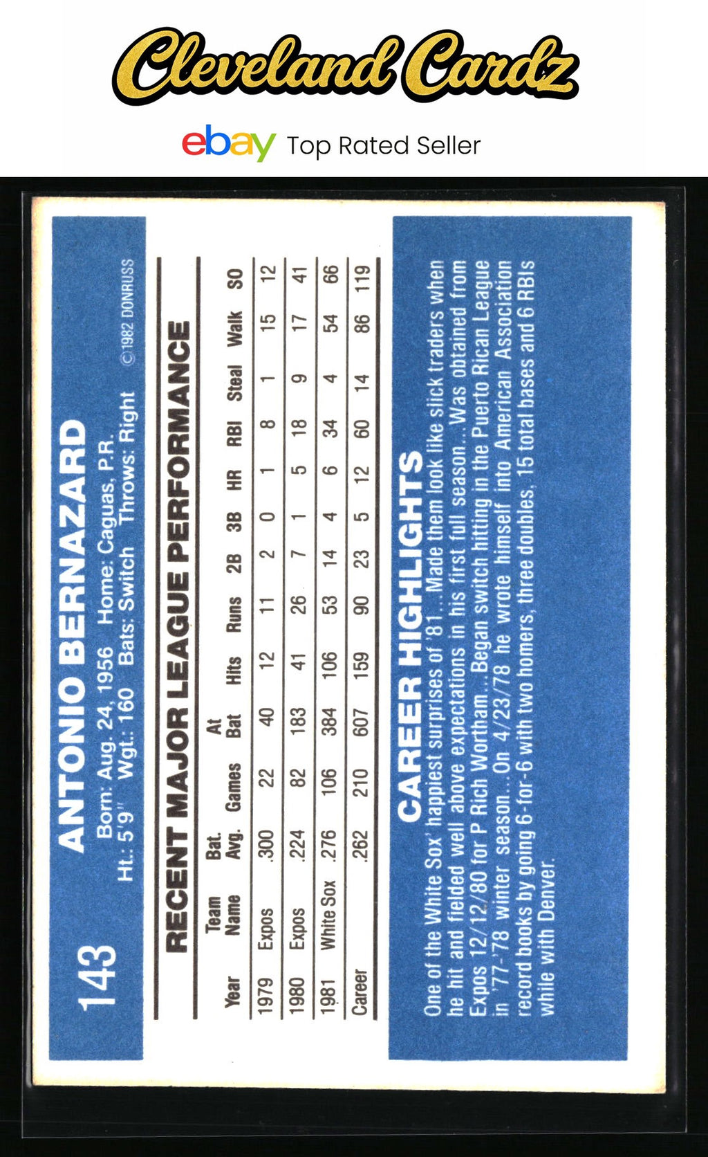 1982 Donruss #143 Tony Bernazard
