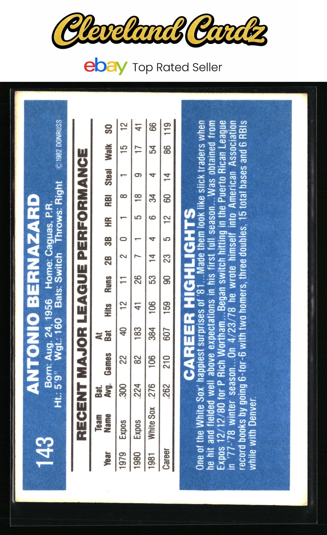 1982 Donruss #143 Tony Bernazard