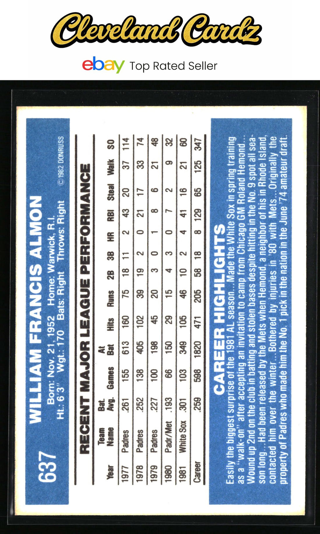 1982 Donruss #637 Bill Almon