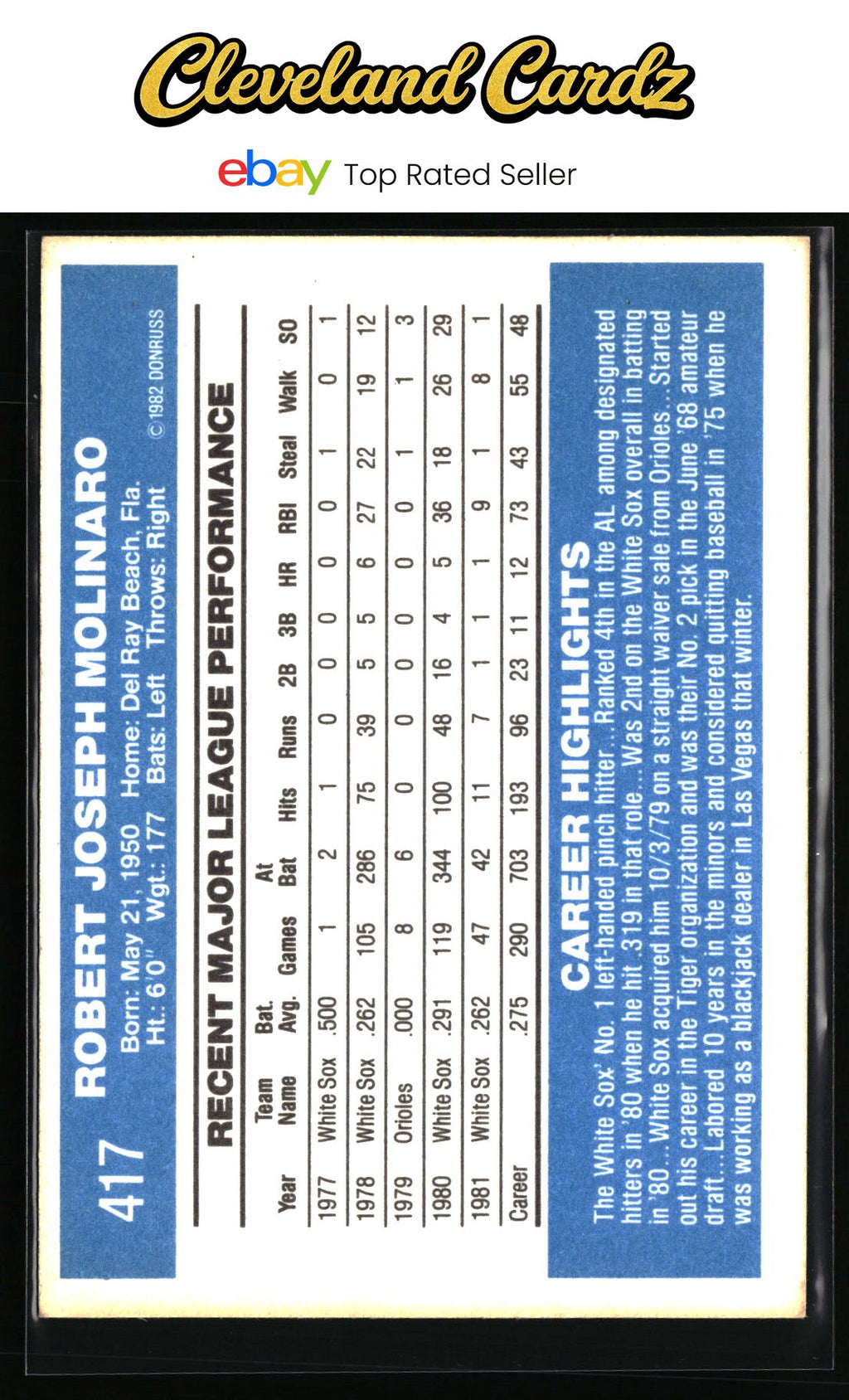 1982 Donruss #417 Bobby Molinaro