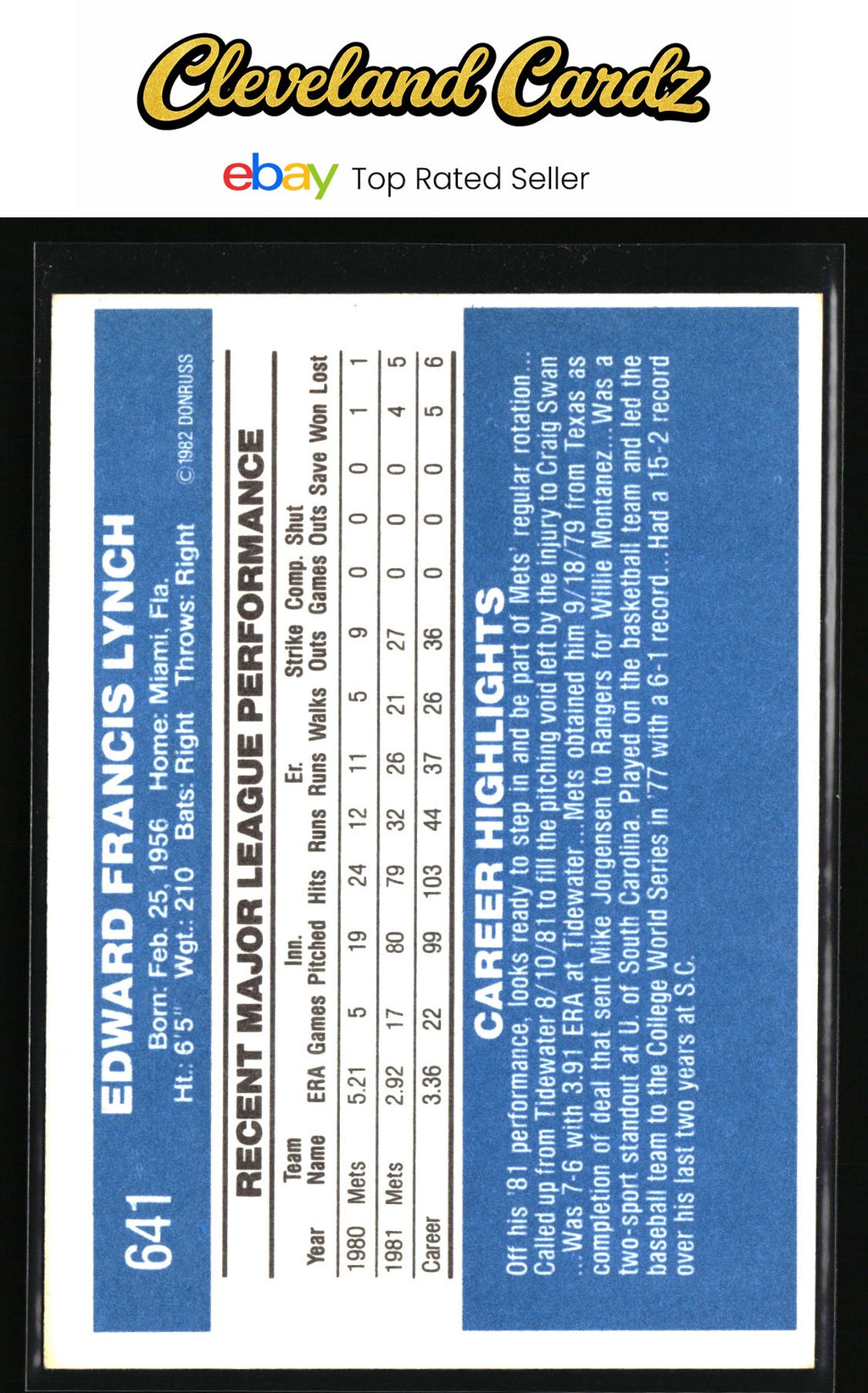1982 Donruss #641 Ed Lynch RC