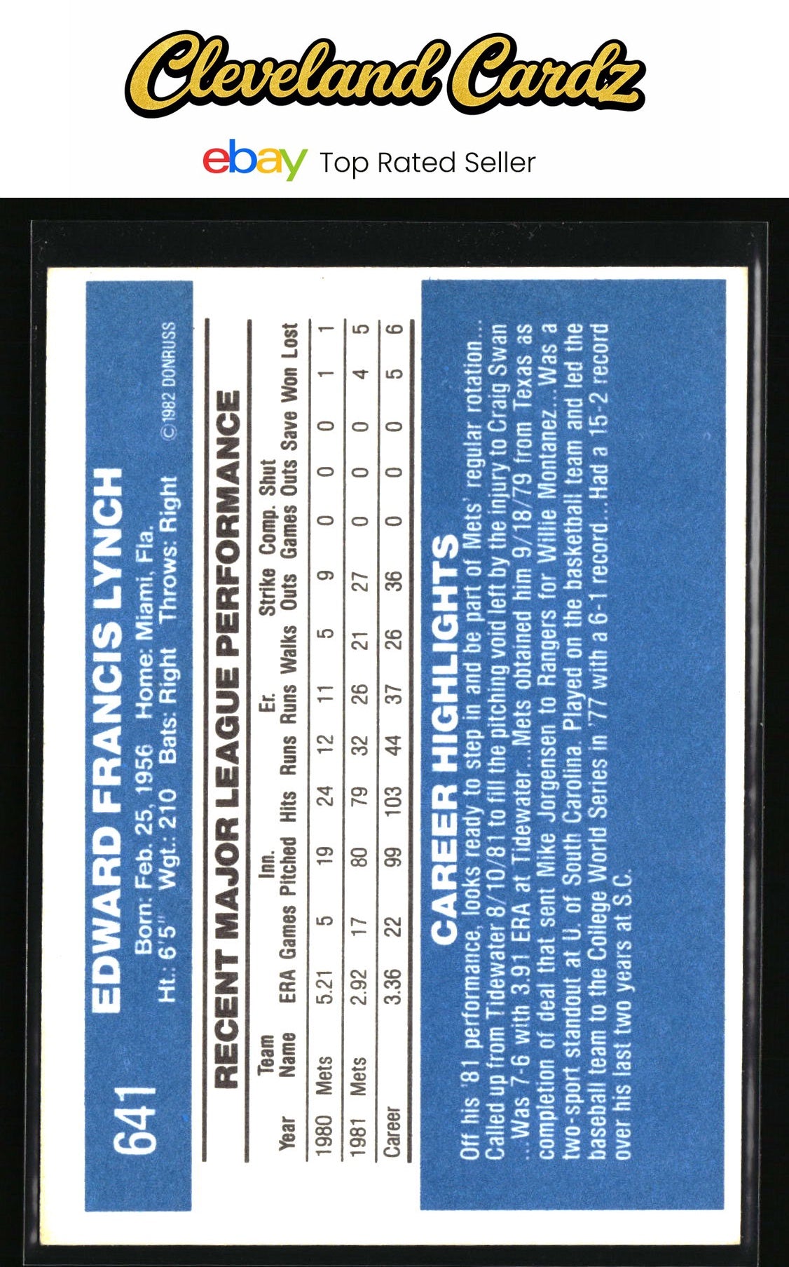 1982 Donruss #641 Ed Lynch RC
