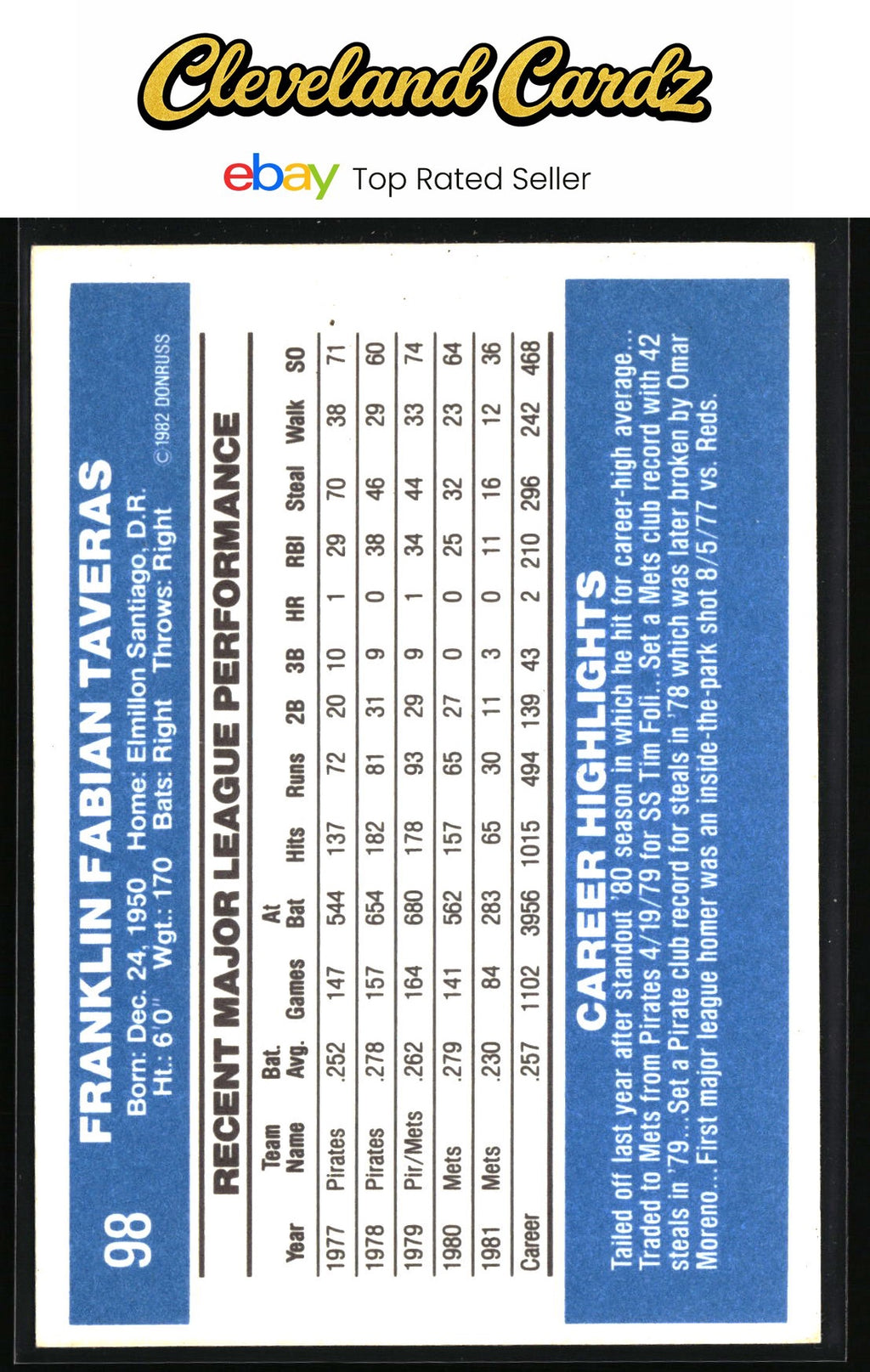1982 Donruss #98 Frank Taveras