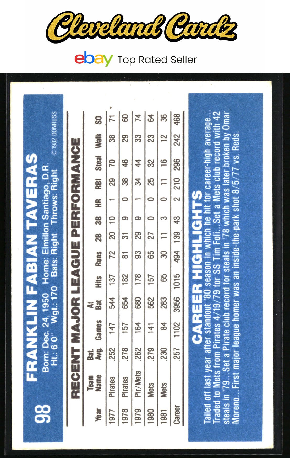 1982 Donruss #98 Frank Taveras