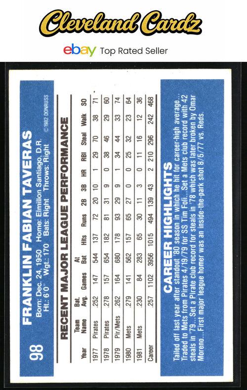 1982 Donruss #98 Frank Taveras