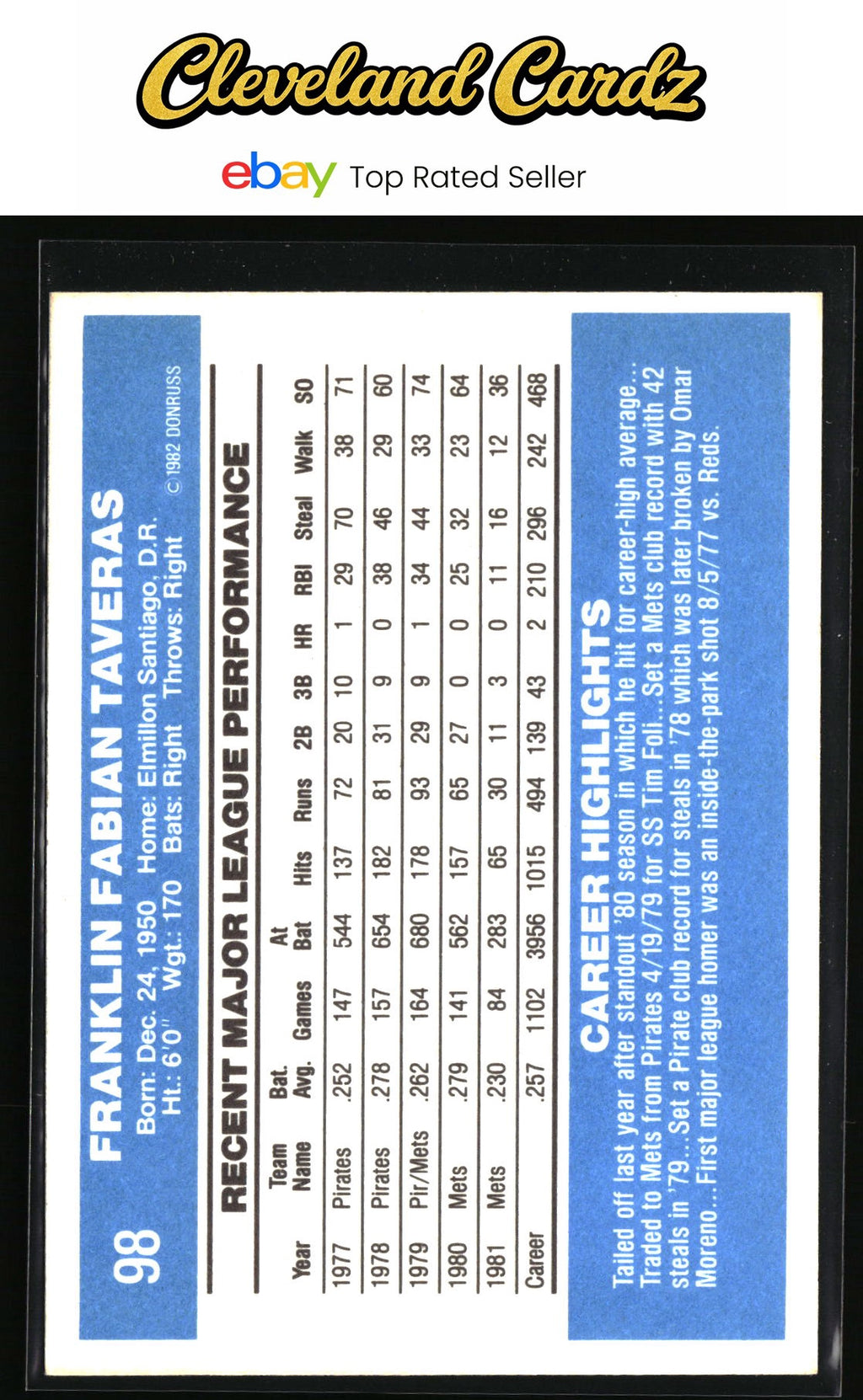 1982 Donruss #98 Frank Taveras