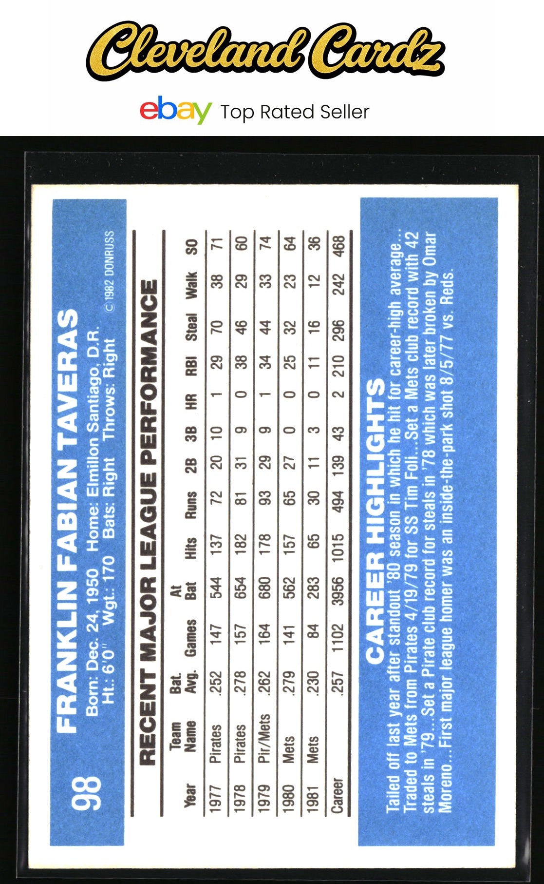1982 Donruss #98 Frank Taveras
