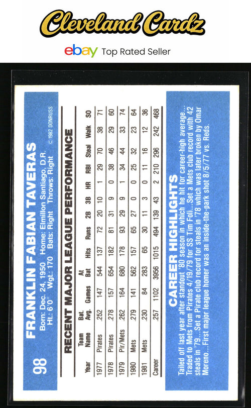 1982 Donruss #98 Frank Taveras
