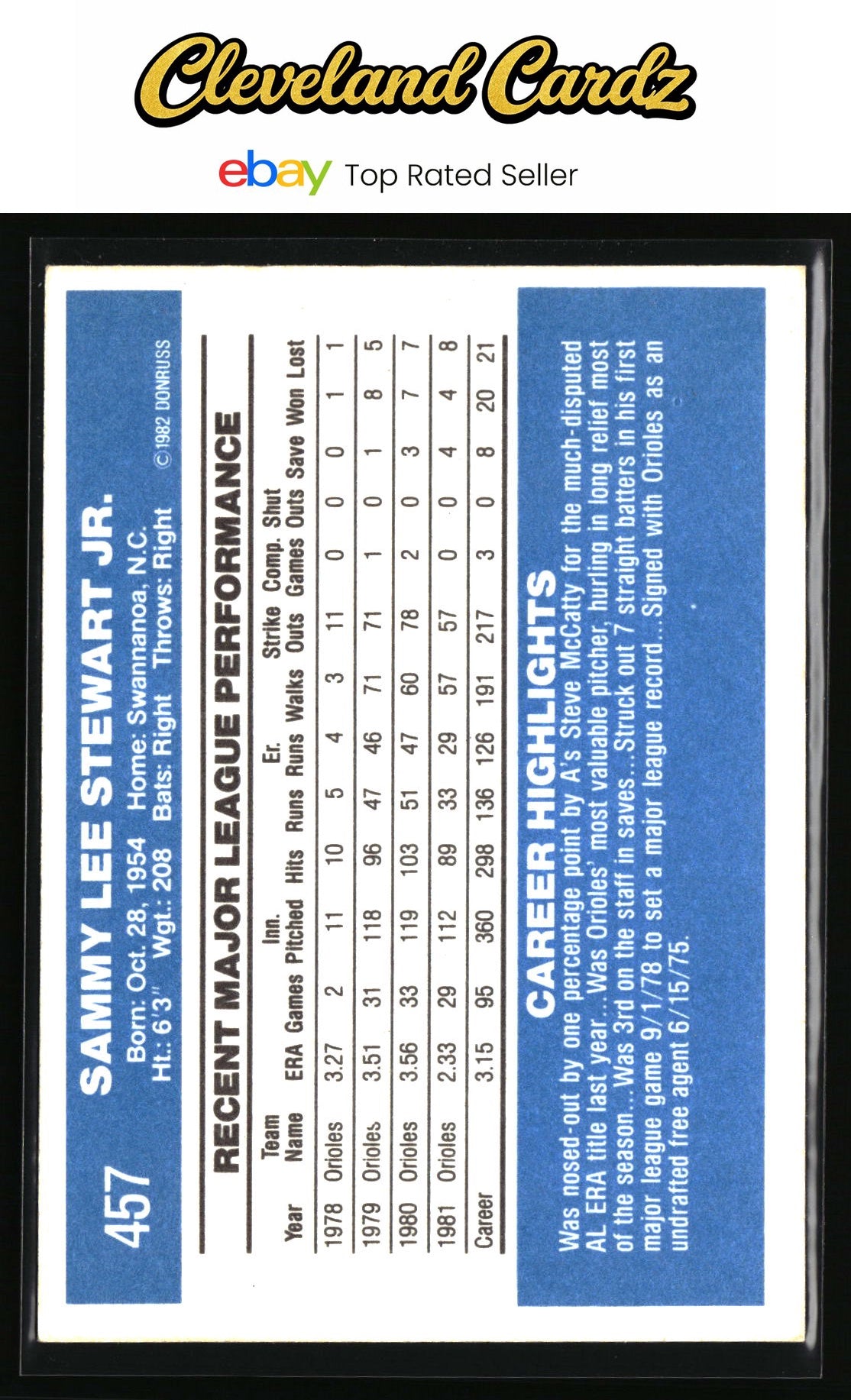 1982 Donruss #457 Sammy Stewart