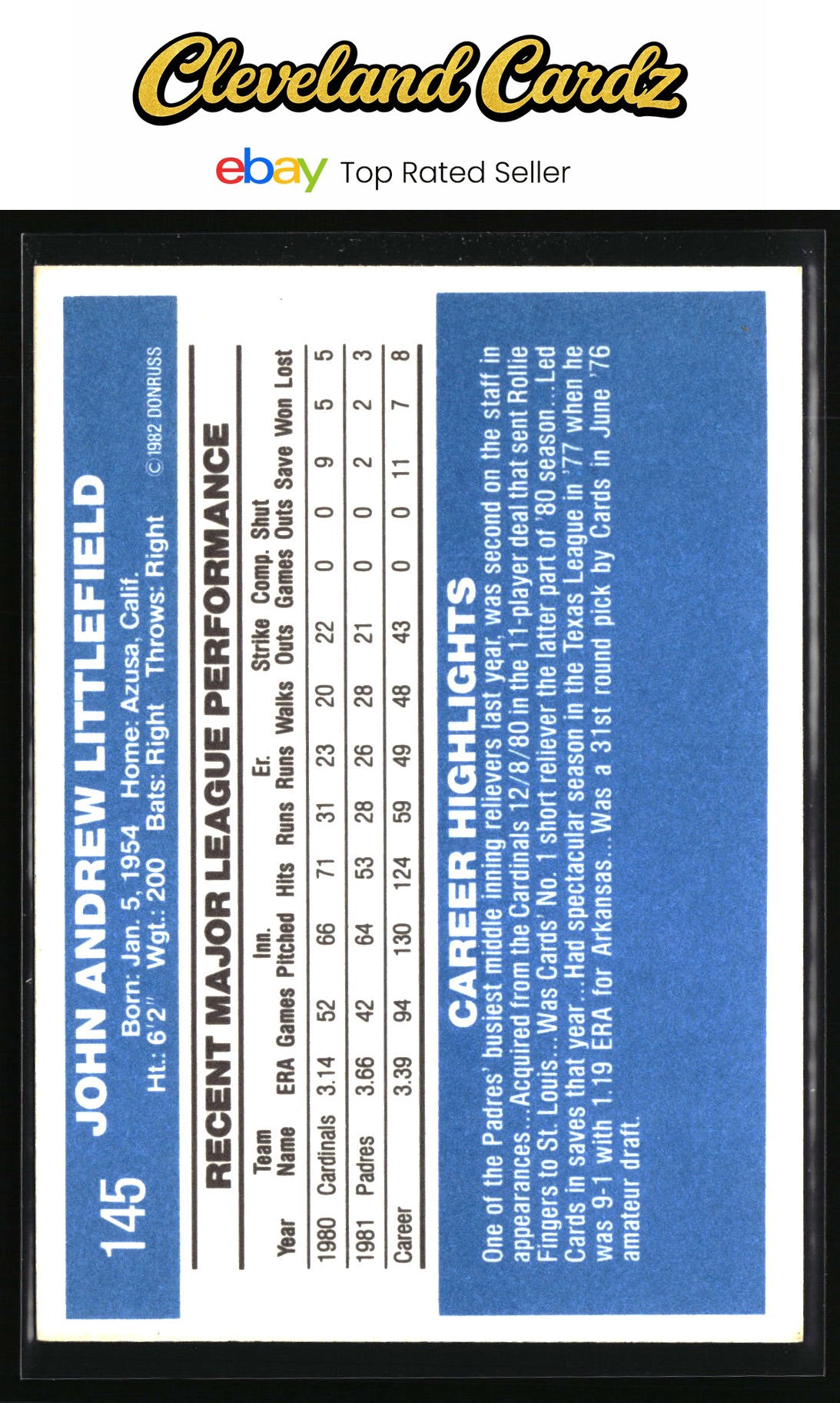 1982 Donruss #145 John Littlefield