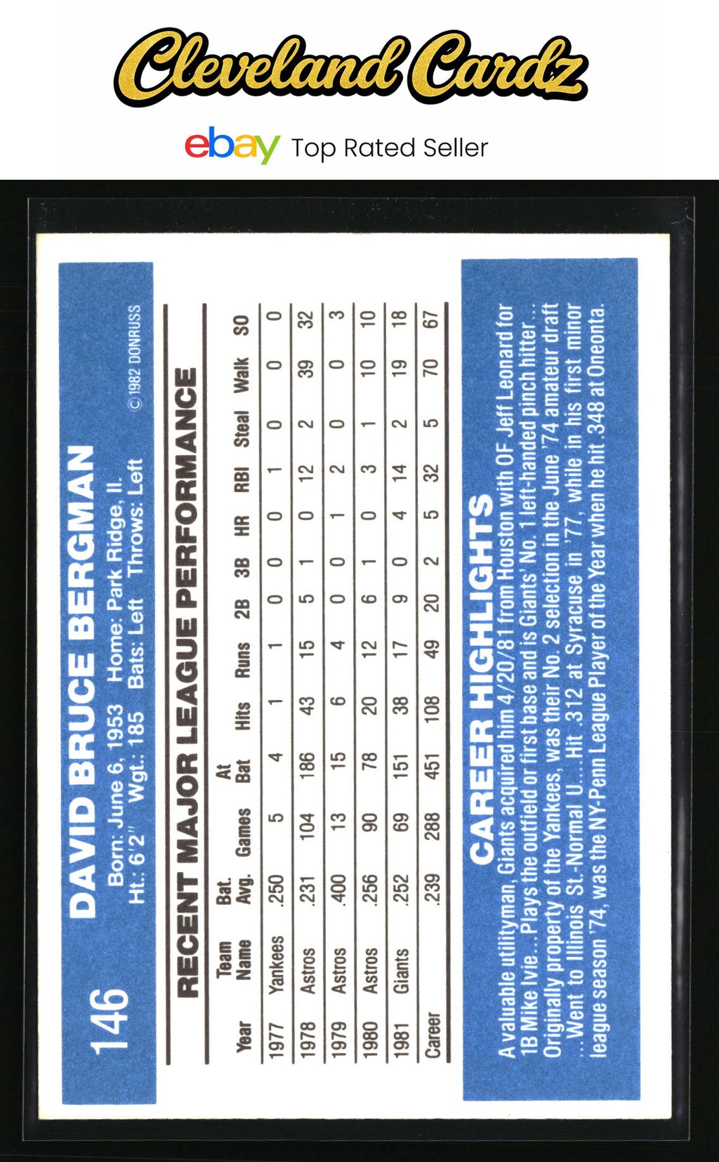 1982 Donruss #146 Dave Bergman