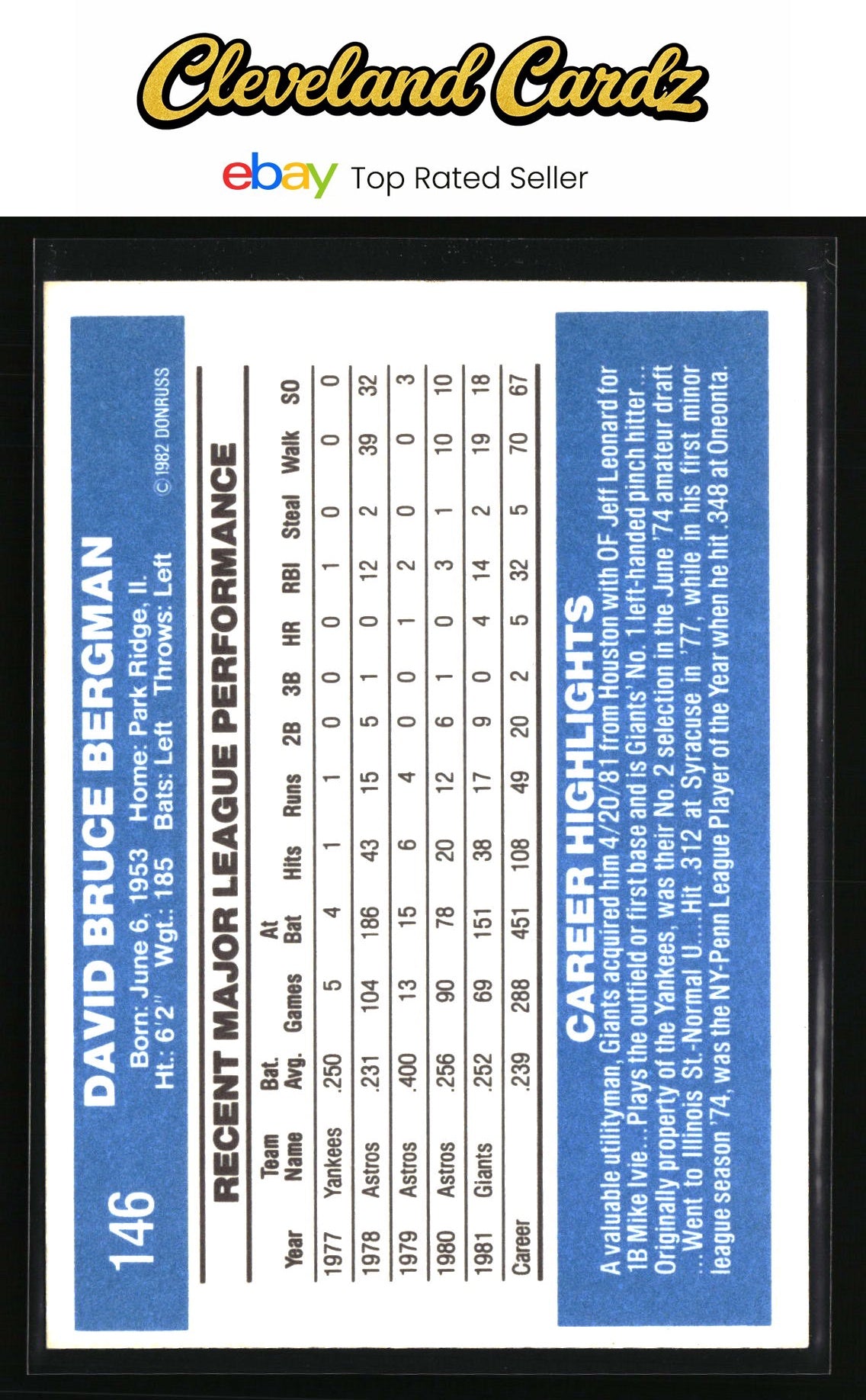 1982 Donruss #146 Dave Bergman