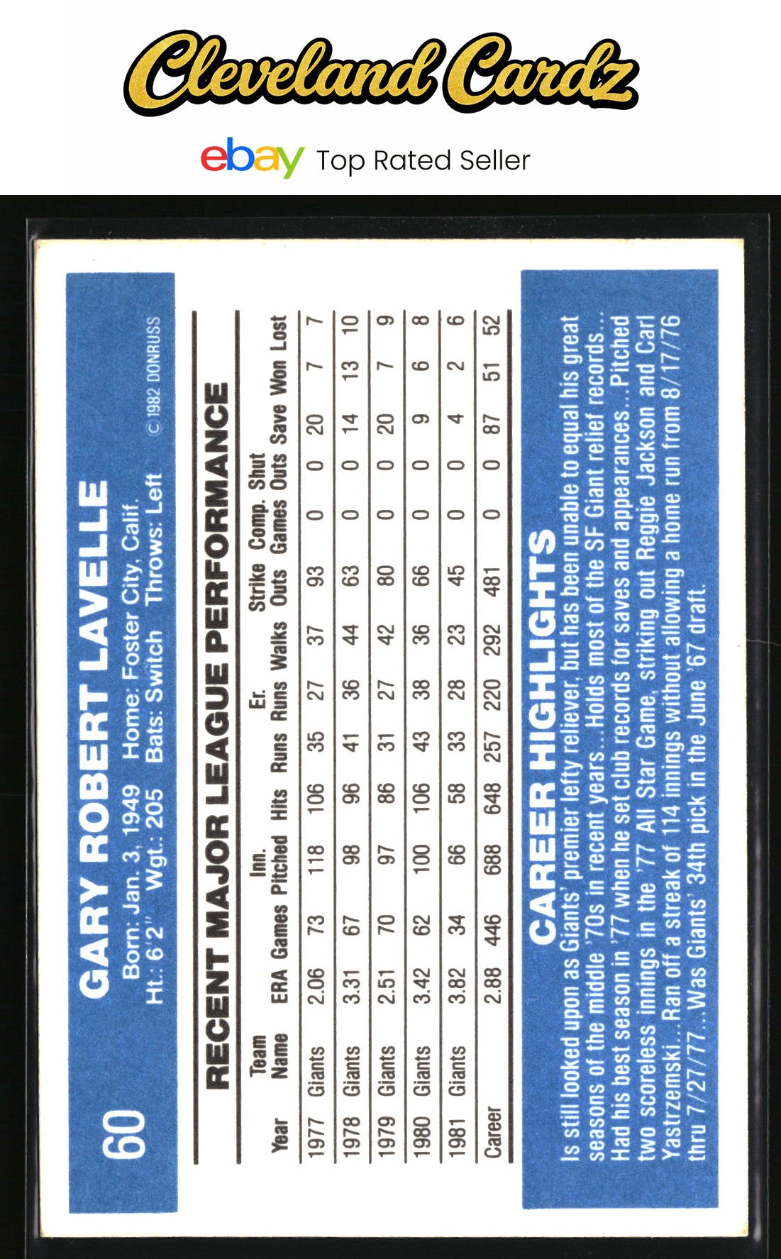 1982 Donruss #60 Gary Lavelle