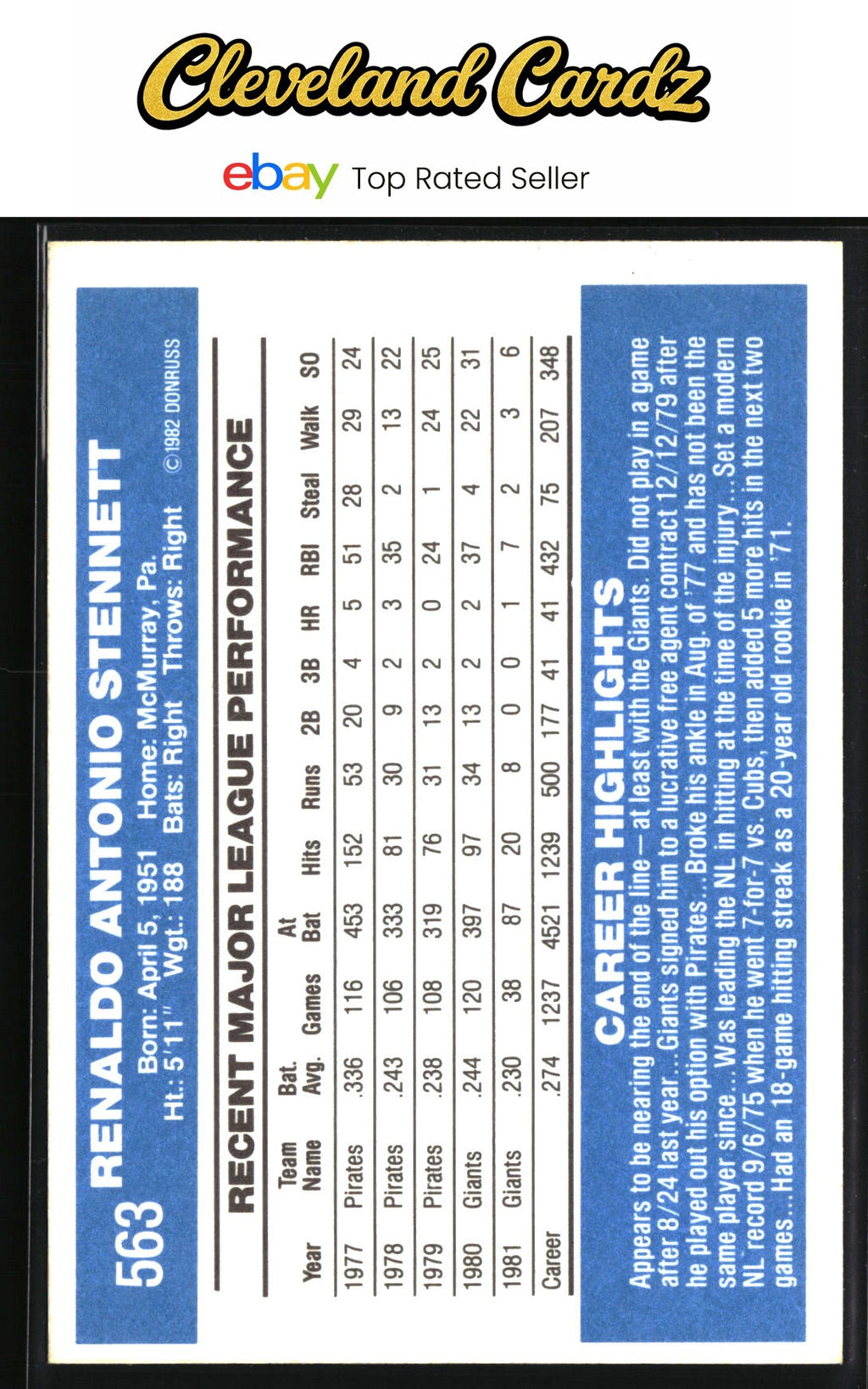 1982 Donruss #563 Rennie Stennett