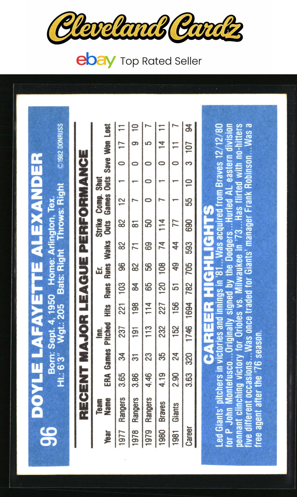 1982 Donruss #96 Doyle Alexander