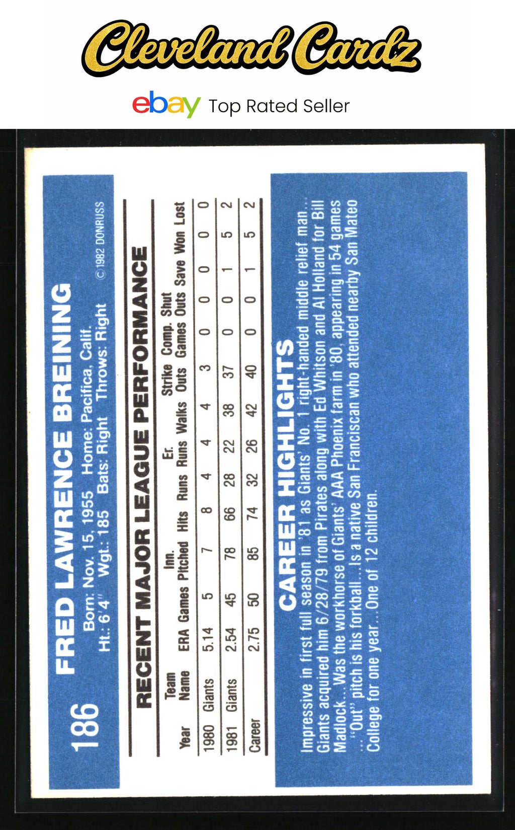 1982 Donruss #186 Fred Breining RC