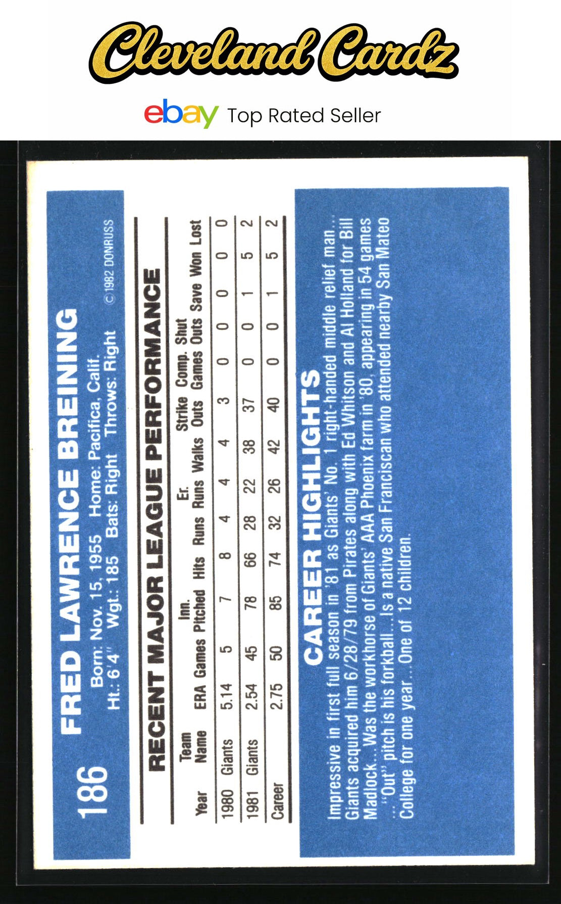 1982 Donruss #186 Fred Breining RC