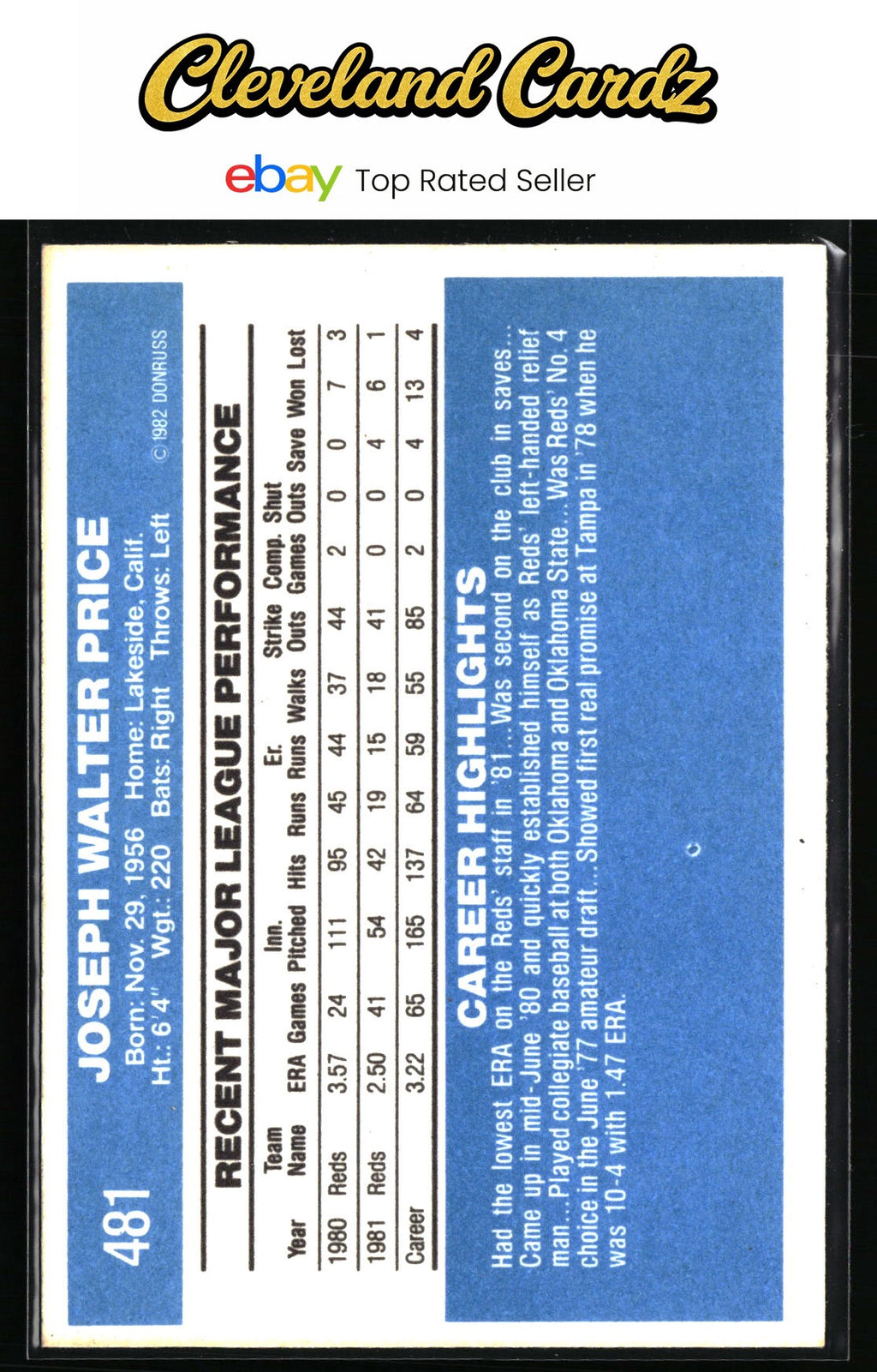 1982 Donruss #481 Joe Price