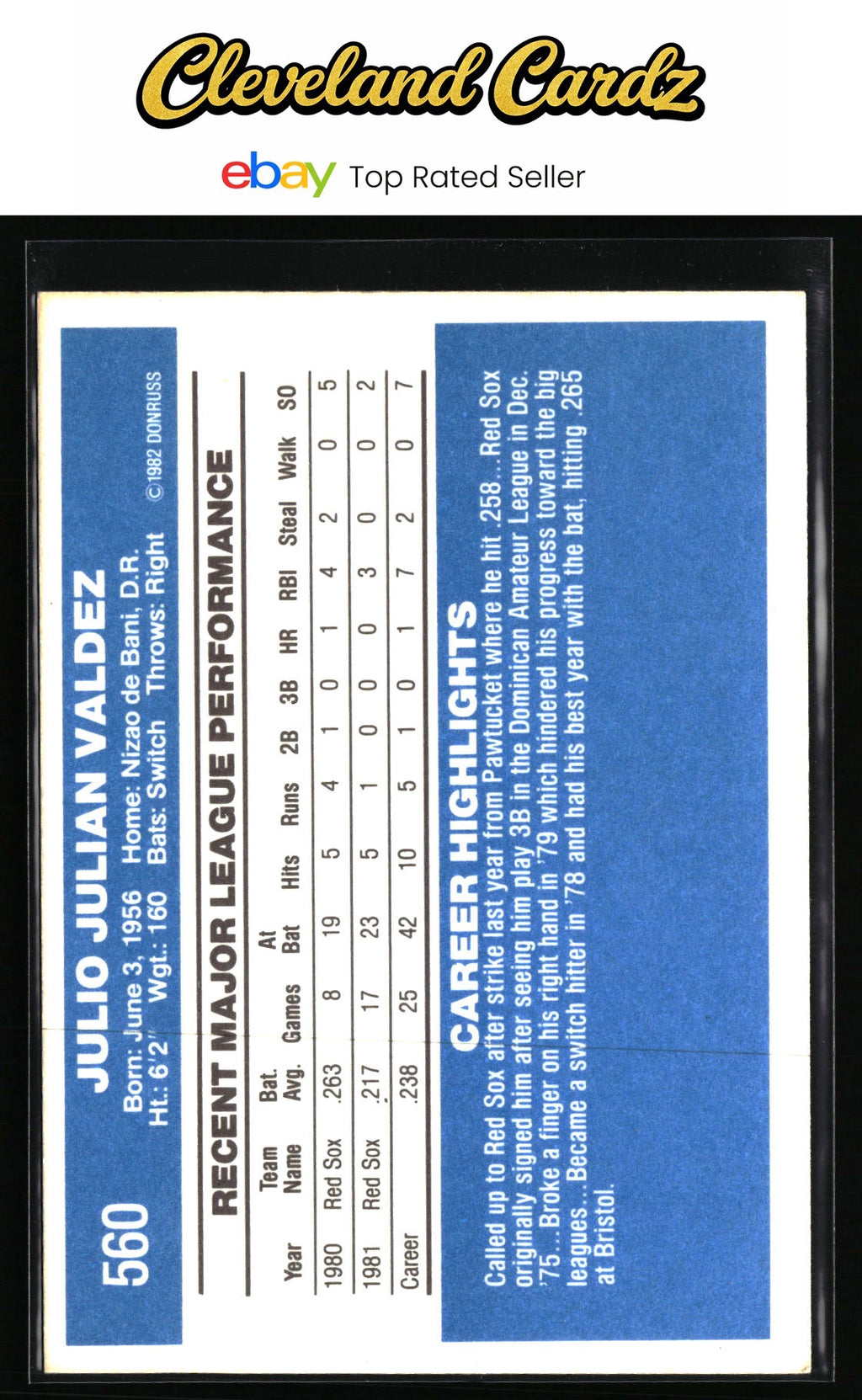 1982 Donruss #560 Julio Valdez RC