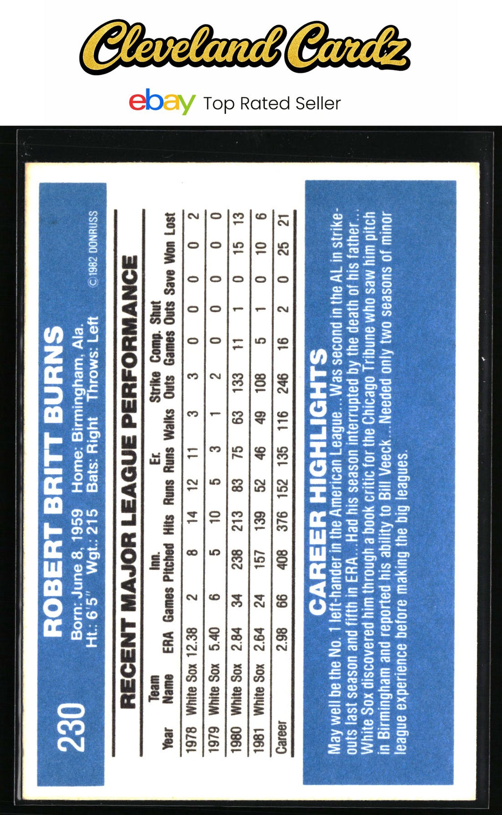 1982 Donruss #230 Britt Burns