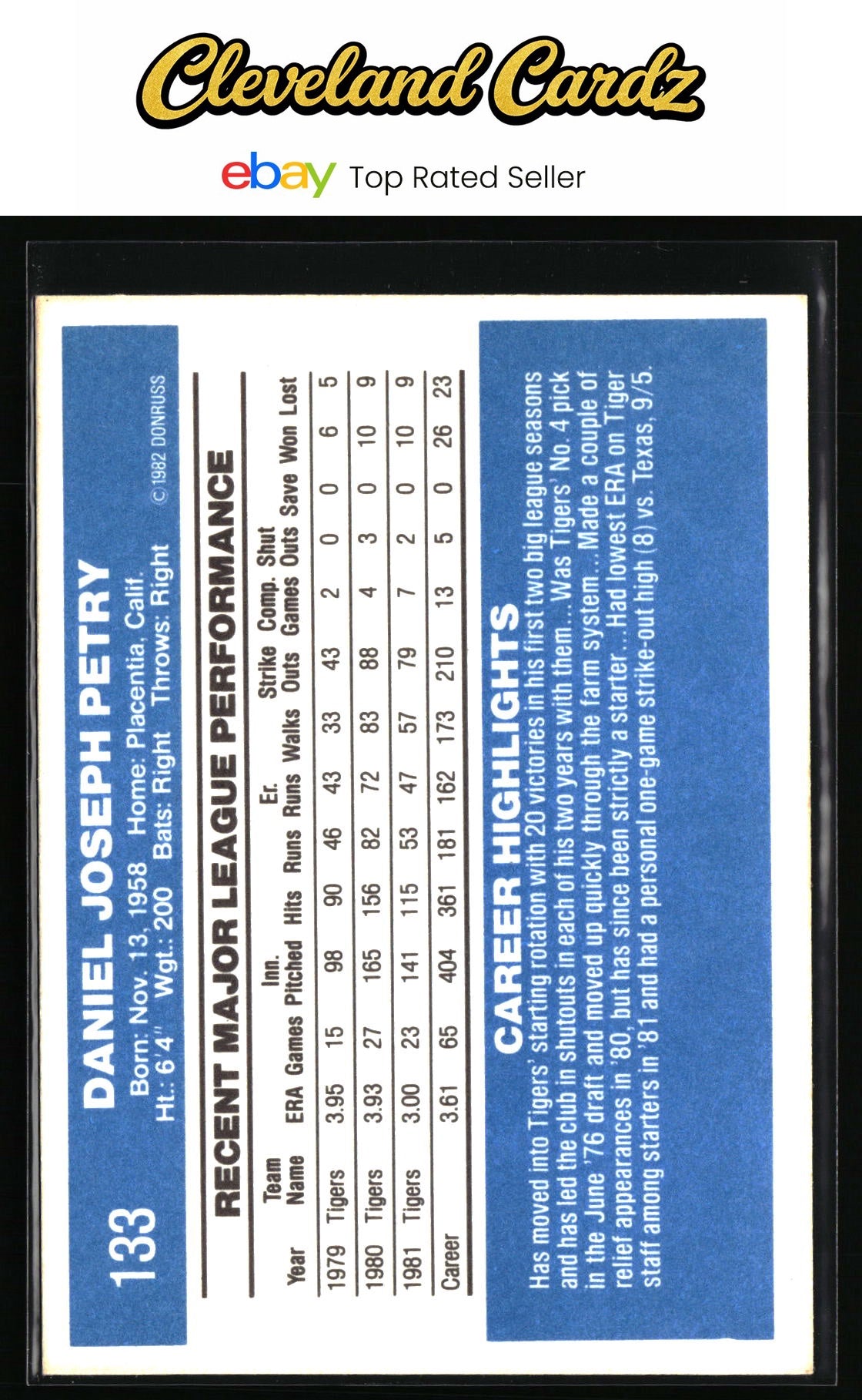 1982 Donruss #133 Dan Petry