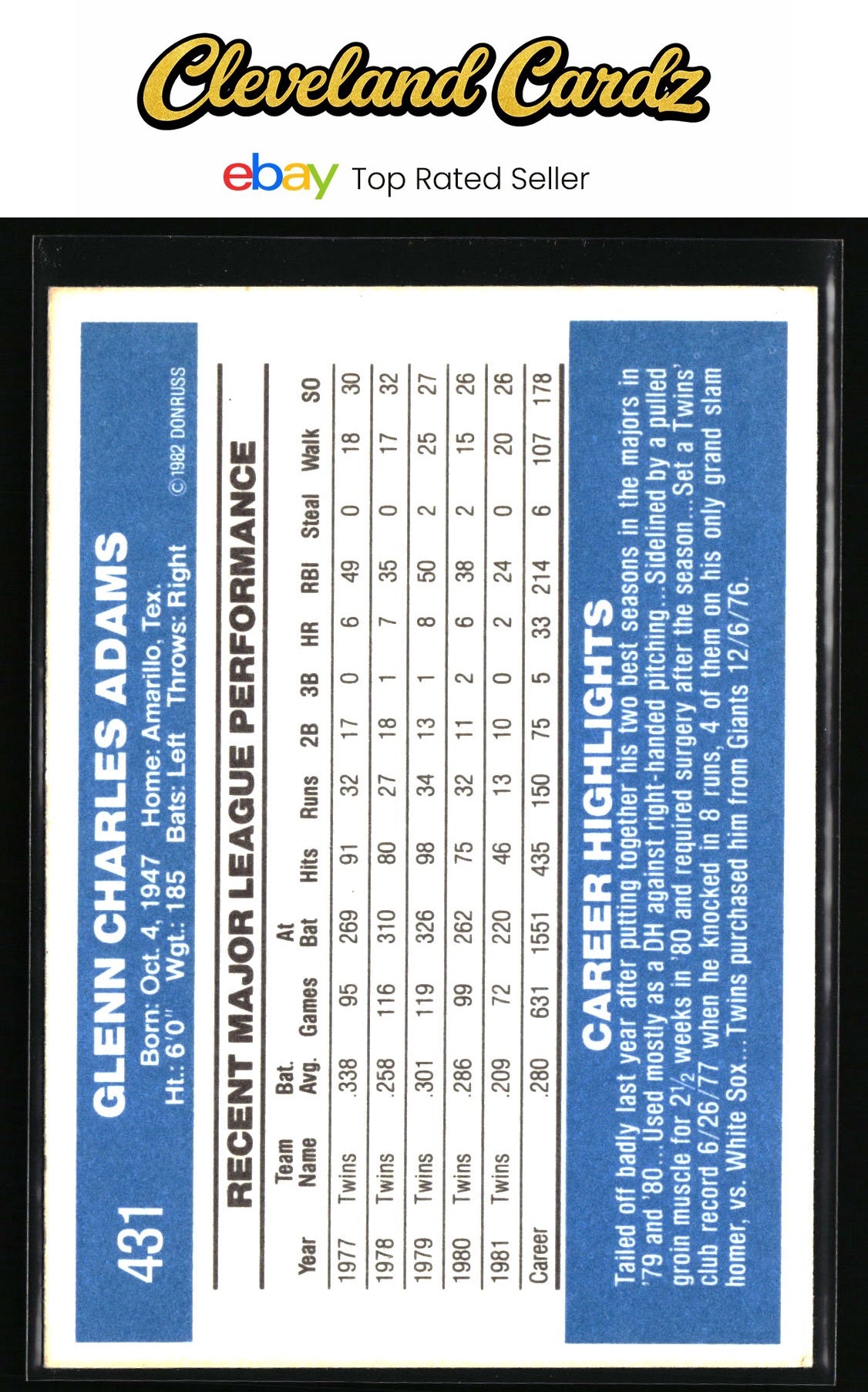 1982 Donruss #431 Glenn Adams