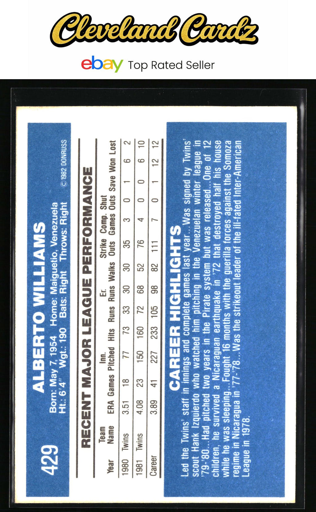 1982 Donruss #429 Al Williams