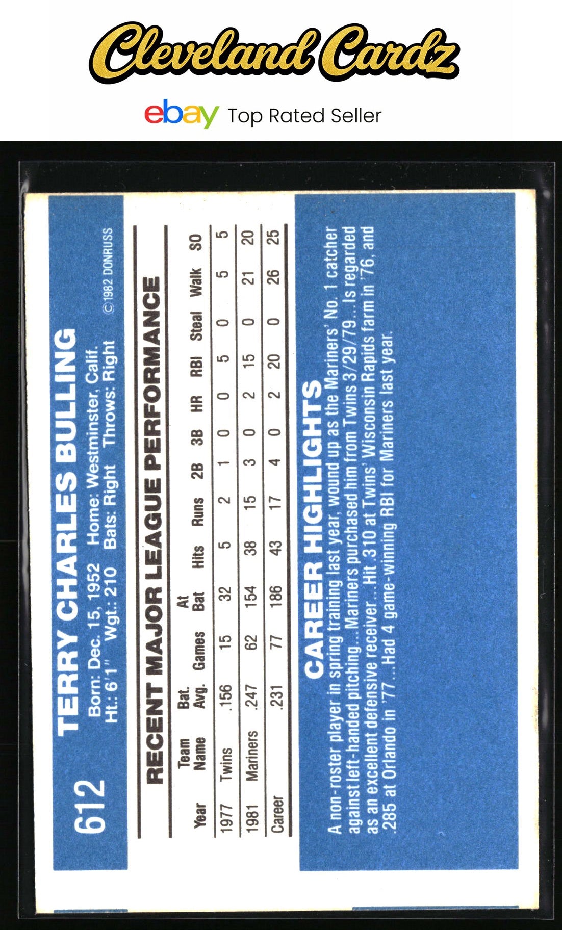 1982 Donruss #612 Terry Bulling