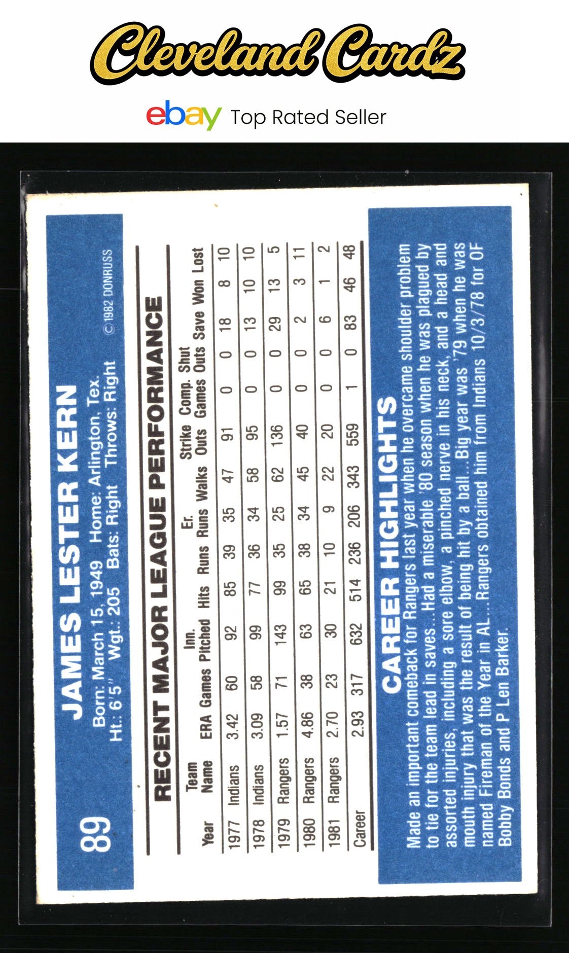 1982 Donruss #89 Jim Kern