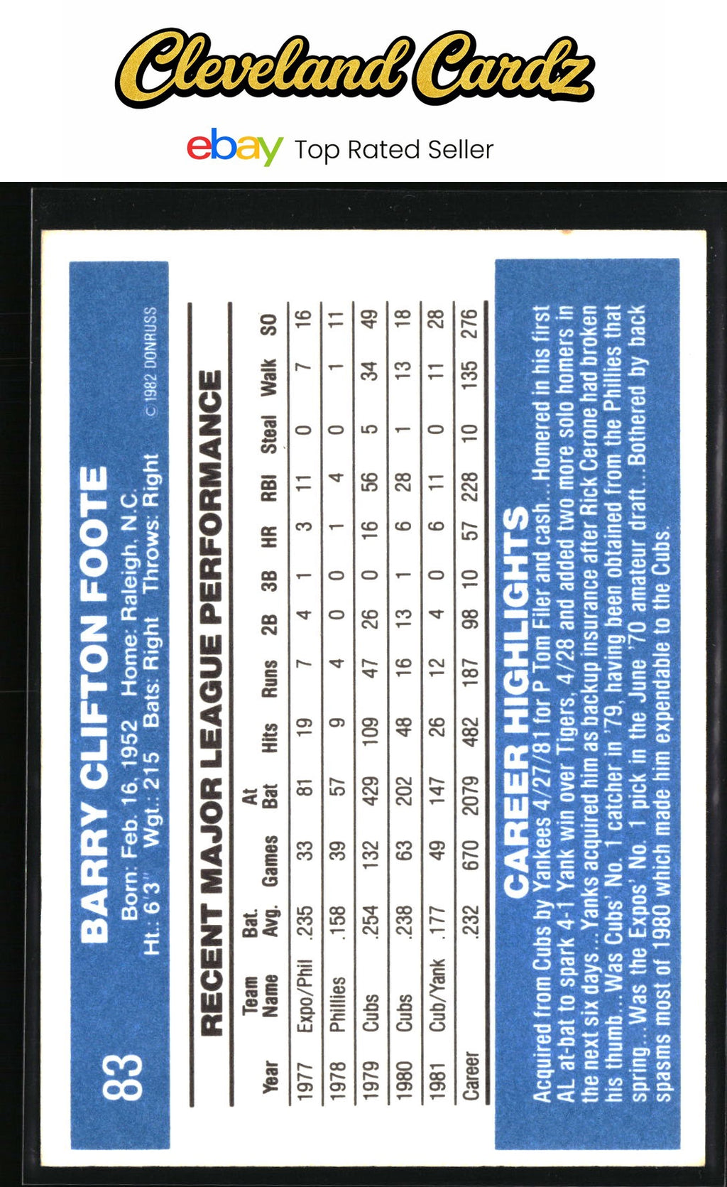 1982 Donruss #83 Barry Foote