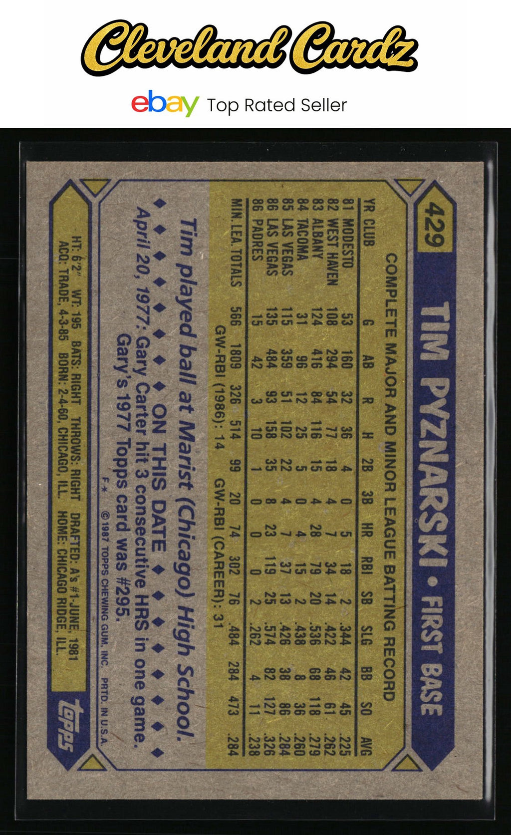 1987 Topps #429 Tim Pyznarski RC