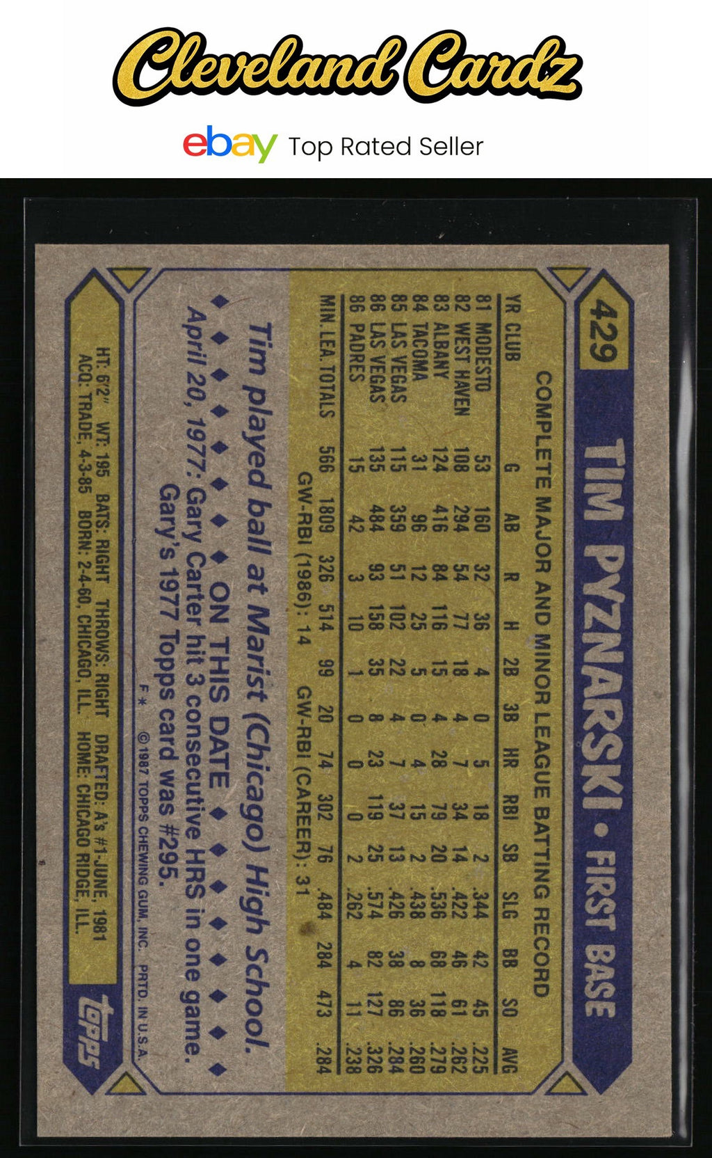 1987 Topps #429 Tim Pyznarski RC
