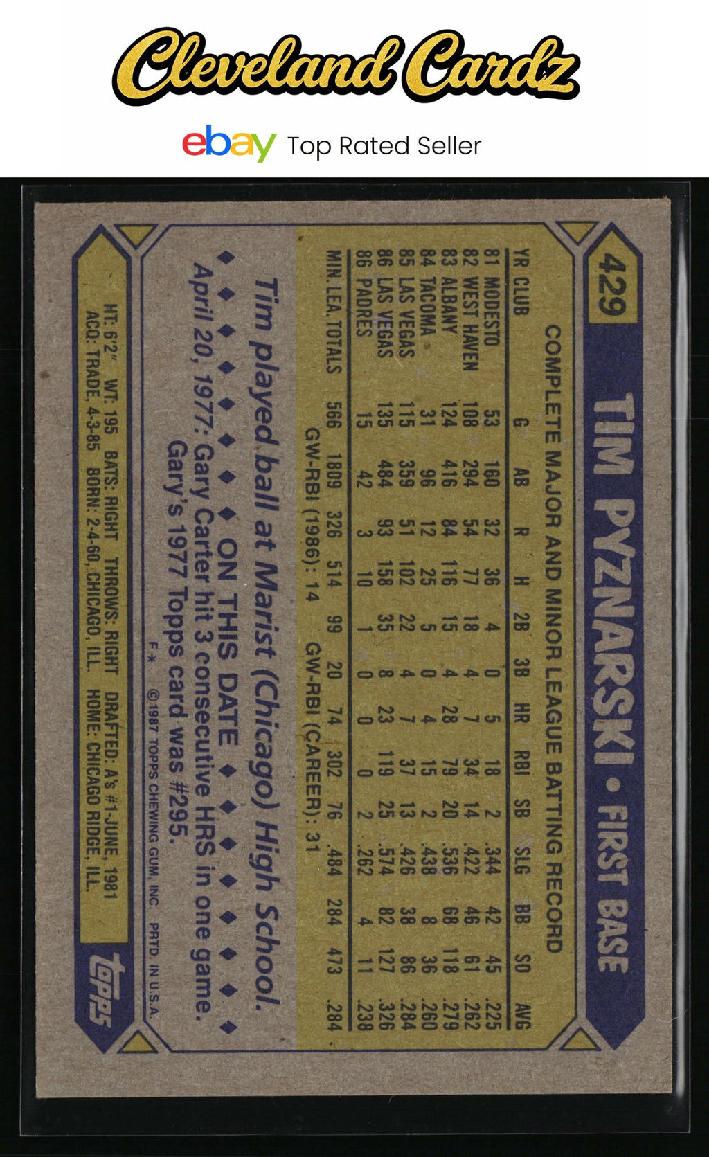 1987 Topps #429 Tim Pyznarski RC