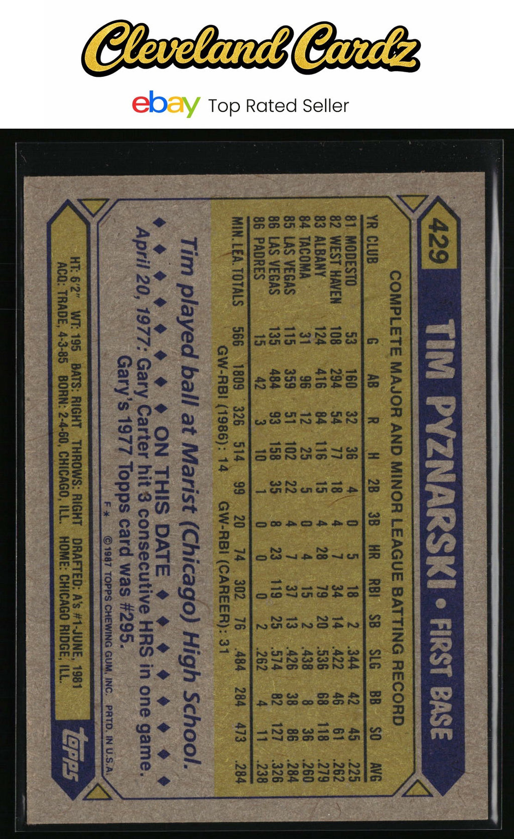 1987 Topps #429 Tim Pyznarski RC