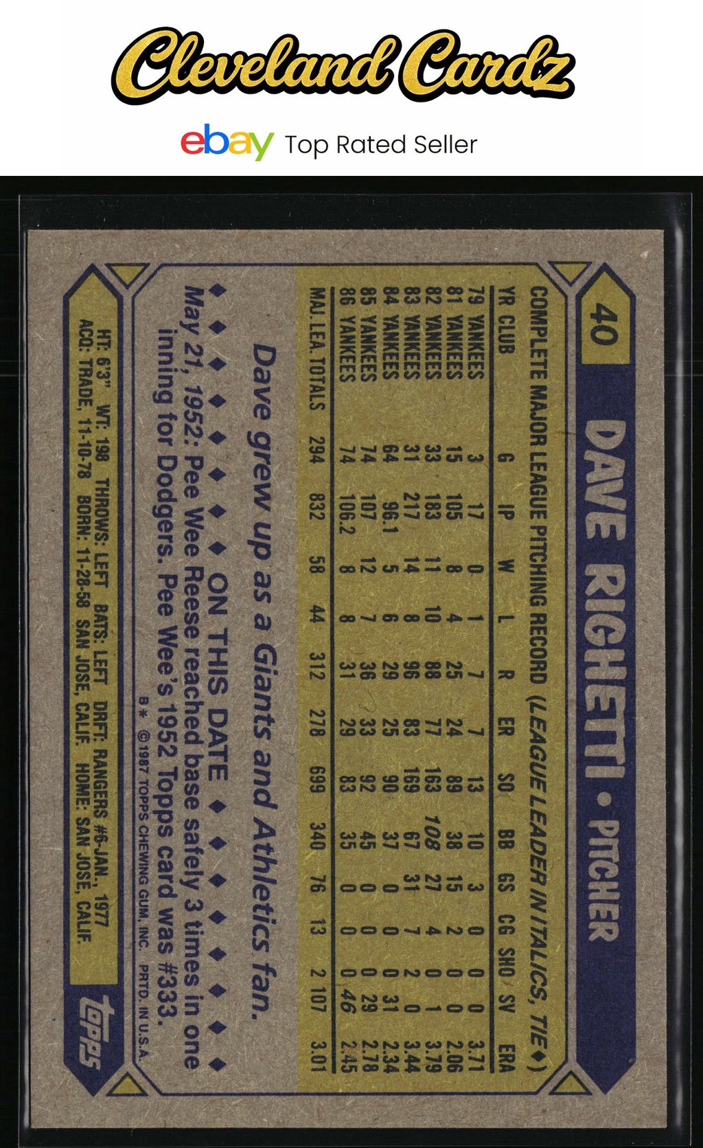 1987 Topps #40 Dave Righetti
