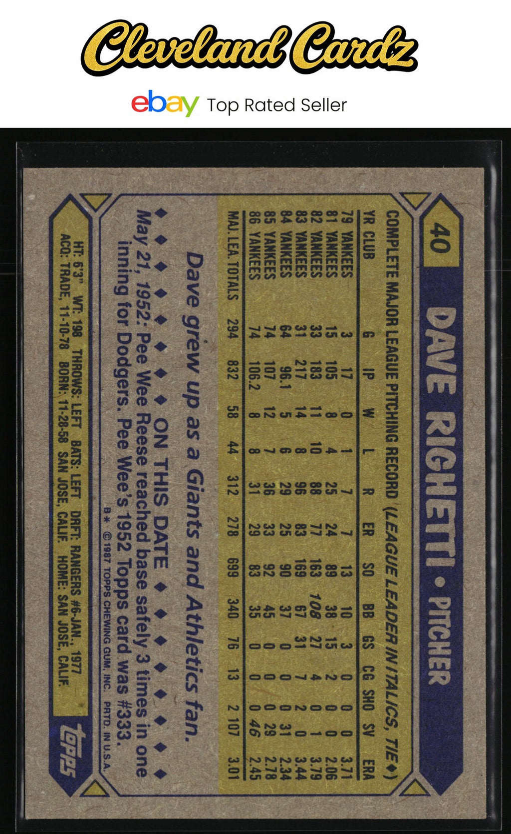 1987 Topps #40 Dave Righetti
