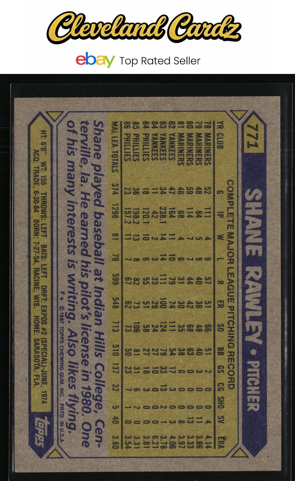 1987 Topps #771 Shane Rawley