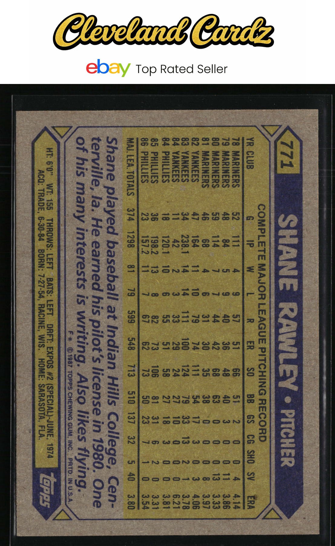 1987 Topps #771 Shane Rawley