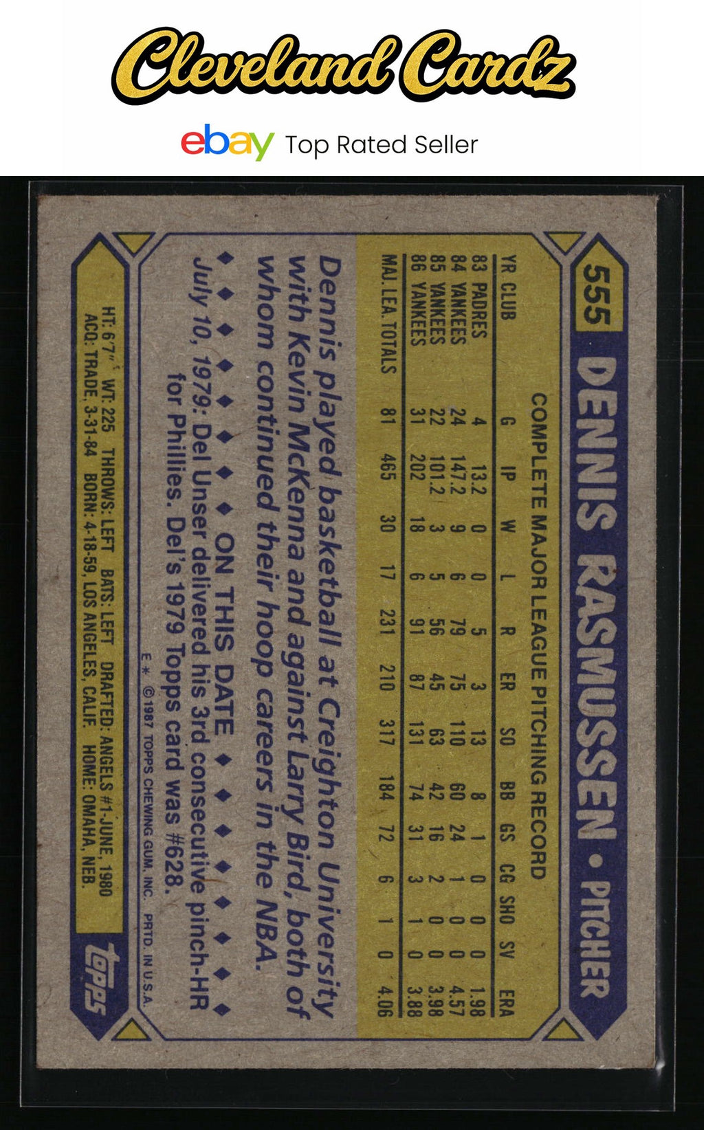 1987 Topps #555 Dennis Rasmussen