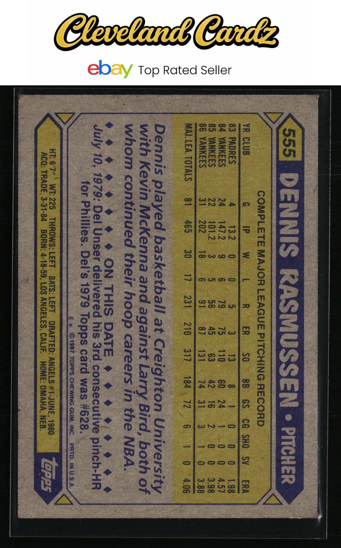 1987 Topps #555 Dennis Rasmussen