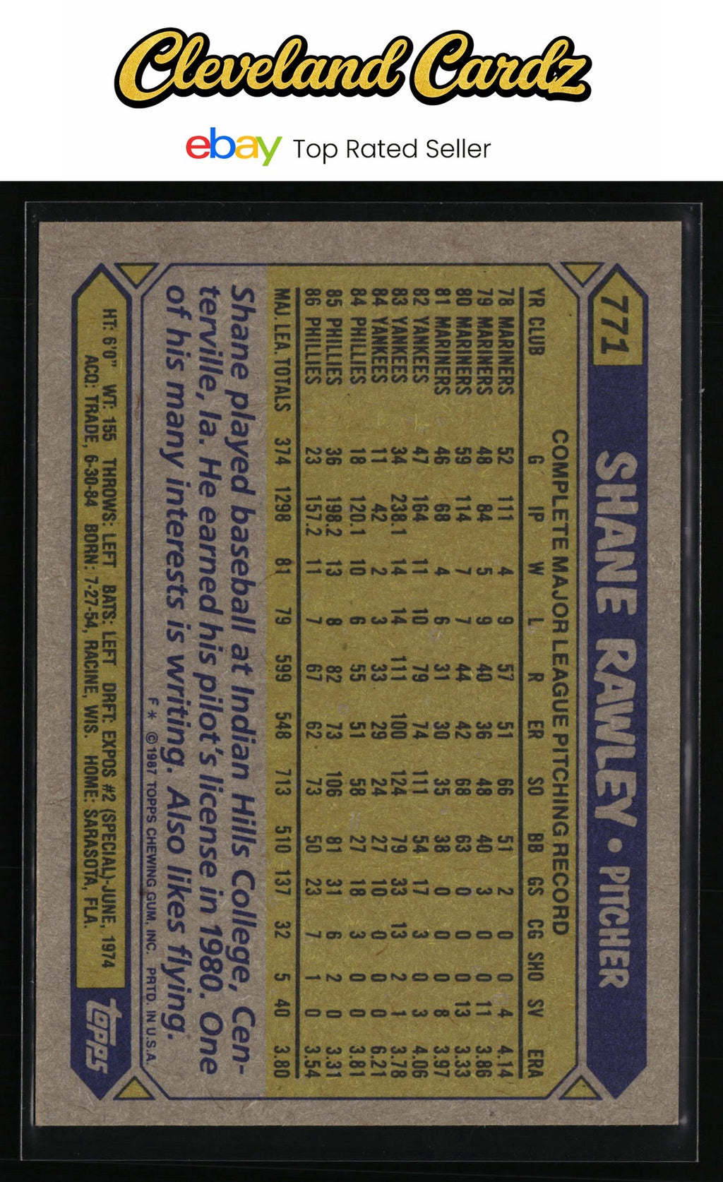 1987 Topps #771 Shane Rawley